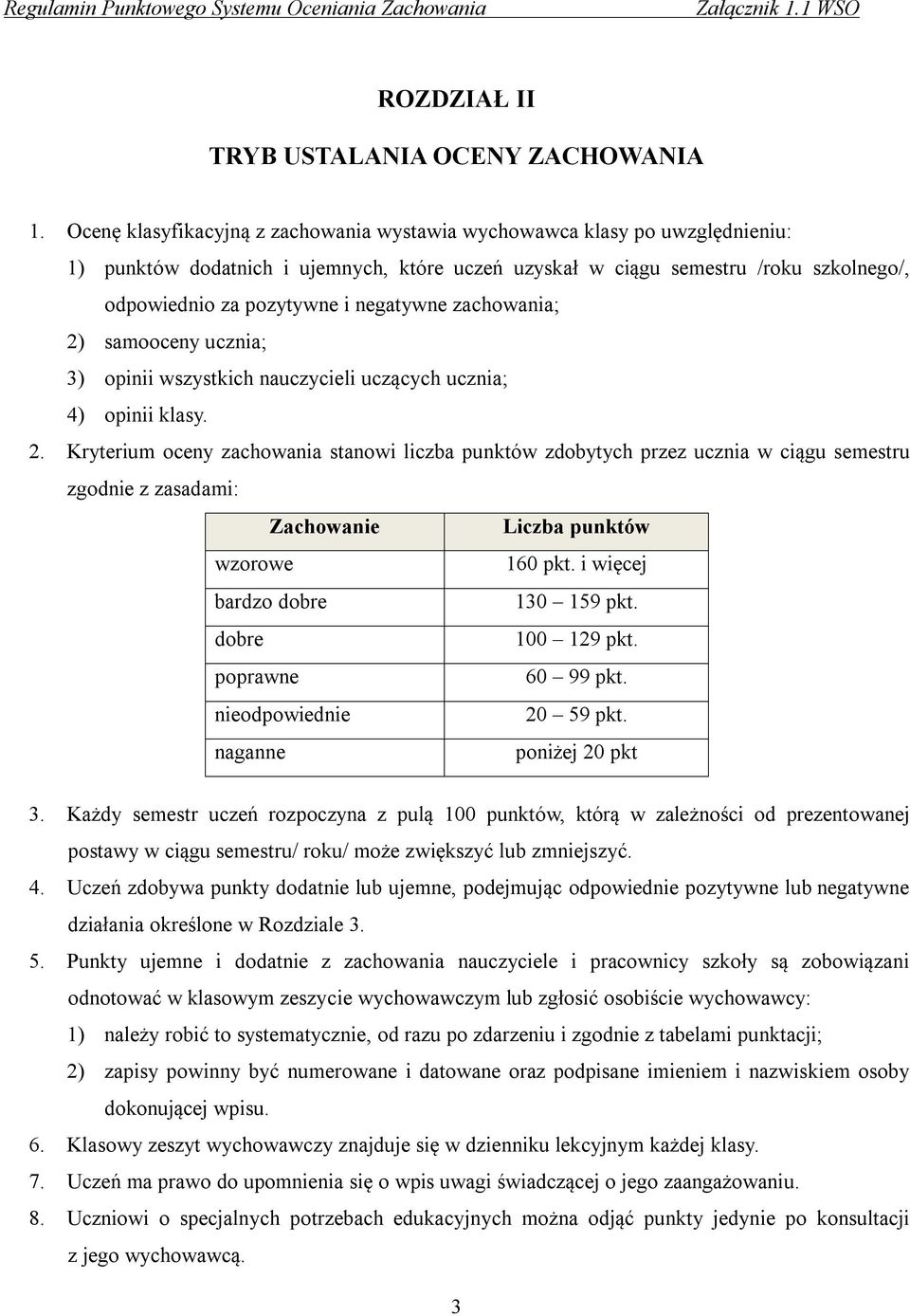 Kryterium oceny zachowania stanowi liczba punktów zdobytych przez ucznia w ciągu semestru zgodnie z zasadami: Zachowanie Liczba punktów wzorowe 160 pkt. i więcej bardzo dobre 130 159 pkt.