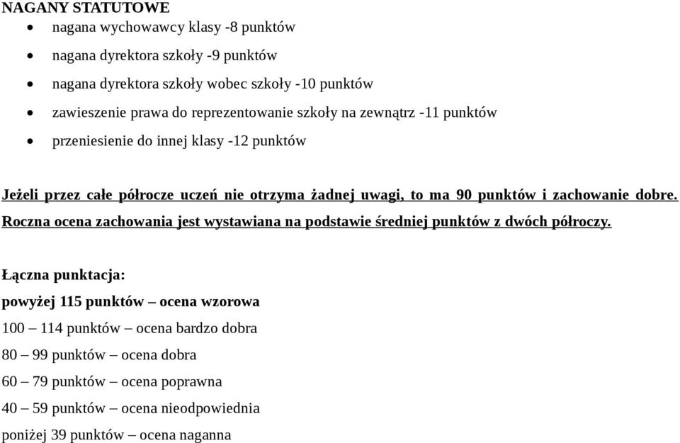 punktów i zachowanie dobre. Roczna ocena zachowania jest wystawiana na podstawie średniej punktów z dwóch półroczy.