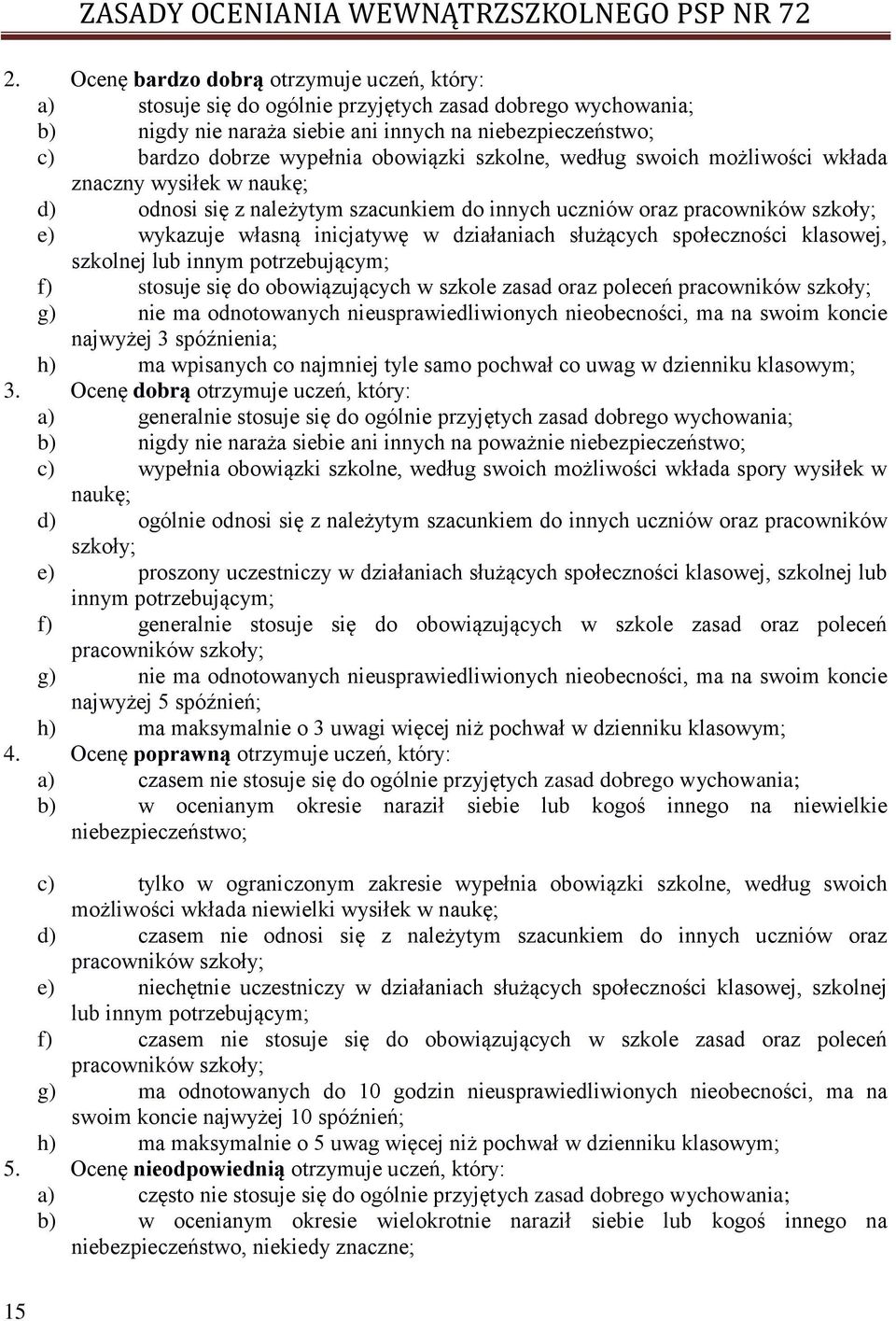 obowiązki szkolne, według swoich możliwości wkłada znaczny wysiłek w naukę; d) odnosi się z należytym szacunkiem do innych uczniów oraz pracowników szkoły; e) wykazuje własną inicjatywę w działaniach