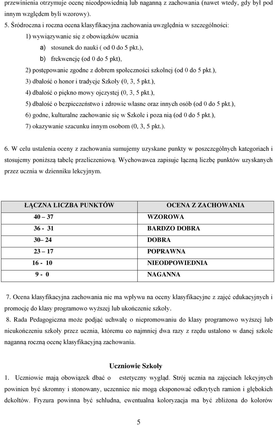 ), b) frekwencję (od 0 do 5 pkt), 2) postępowanie zgodne z dobrem społeczności szkolnej (od 0 do 5 pkt.), 3) dbałość o honor i tradycje Szkoły (0, 3, 5 pkt.