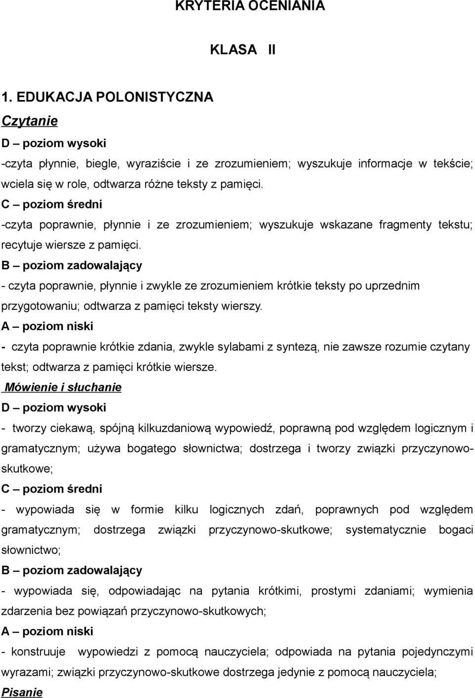 - czyta poprawnie, płynnie i zwykle ze zrozumieniem krótkie teksty po uprzednim przygotowaniu; odtwarza z pamięci teksty wierszy.