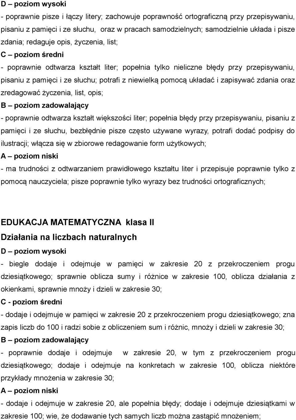 zredagować życzenia, list, opis; - poprawnie odtwarza kształt większości liter; popełnia błędy przy przepisywaniu, pisaniu z pamięci i ze słuchu, bezbłędnie pisze często używane wyrazy, potrafi dodać