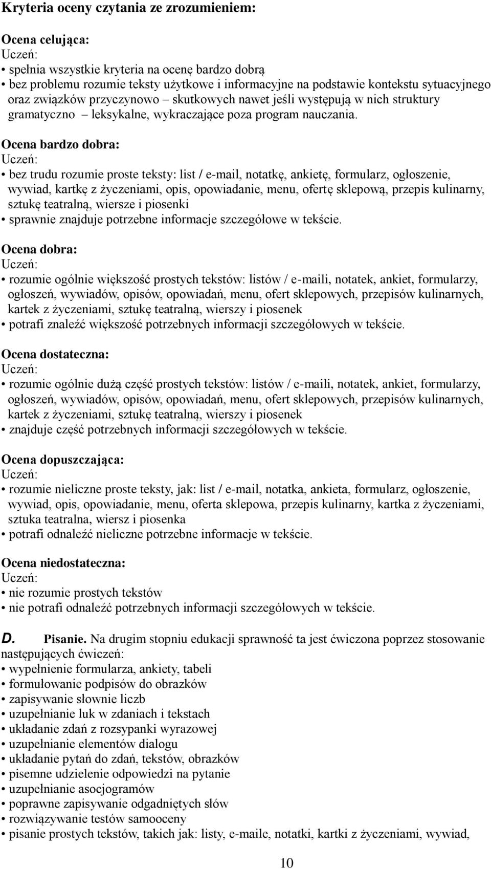 Ocena bardzo dobra: bez trudu rozumie proste teksty: list / e-mail, notatkę, ankietę, formularz, ogłoszenie, wywiad, kartkę z życzeniami, opis, opowiadanie, menu, ofertę sklepową, przepis kulinarny,