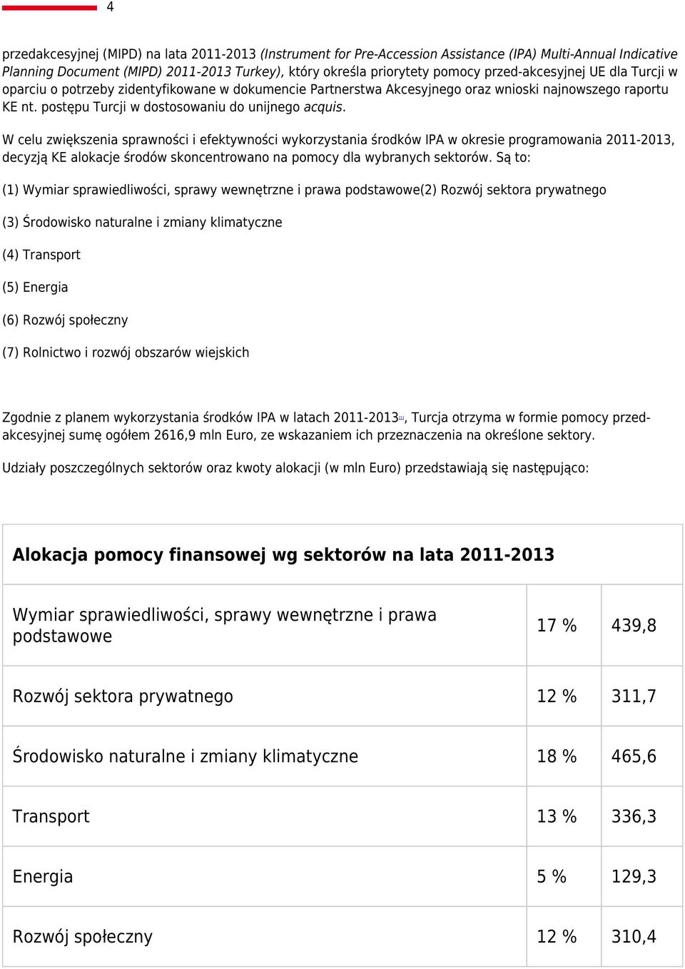 W celu zwiększenia sprawności i efektywności wykorzystania środków IPA w okresie programowania 2011-2013, decyzją KE alokacje środów skoncentrowano na pomocy dla wybranych sektorów.