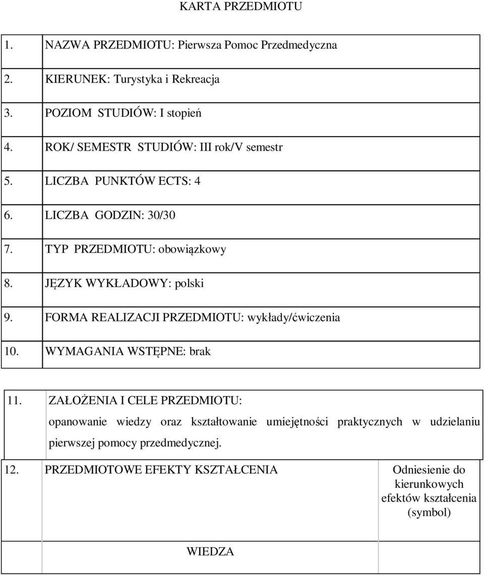 JĘZYK WYKŁADOWY: polski 9. FORMA REALIZACJI PRZEDMIOTU: y/ 10. WYMAGANIA WSTĘPNE: brak 11.