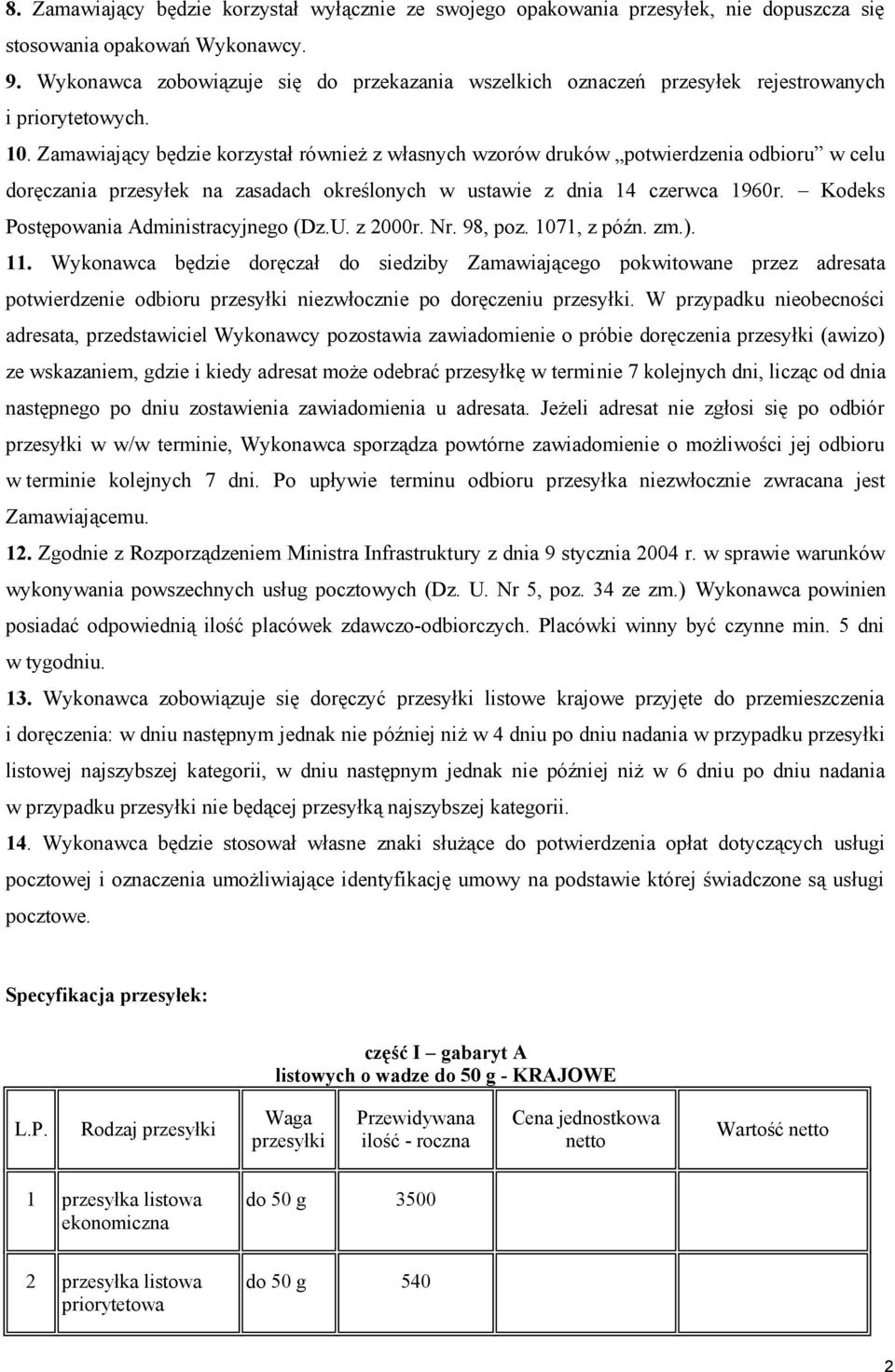 Zamawiający będzie korzystał również z własnych wzorów druków potwierdzenia odbioru w celu doręczania przesyłek na zasadach określonych w ustawie z dnia 14 czerwca 1960r.