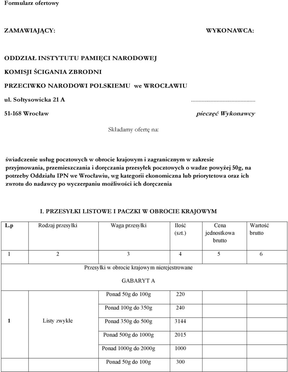 wadze powyżej 50g, na potrzeby Oddziału IPN we Wrocławiu, wg kategorii ekonomiczna lub priorytetowa oraz ich zwrotu do nadawcy po wyczerpaniu możliwości ich I.