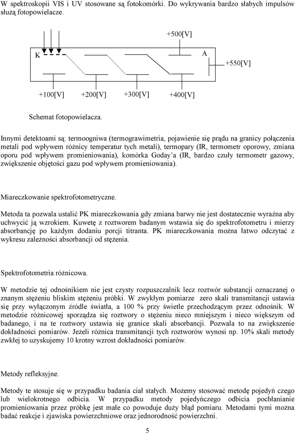 wpływem promieniowania), komórka Goday a (IR, bardzo czuły termometr gazowy, zwiększenie objętości gazu pod wpływem promieniowania). Miareczkowanie spektrofotometryczne.