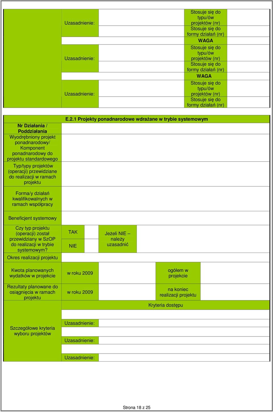 1 Projekty ponadnarowe wdraŝane w trybie systemowym Forma/y działań kwalifikowalnych w ramach współpracy Beneficjent systemowy Czy typ (operacji) został przewidziany w SzOP realizacji w
