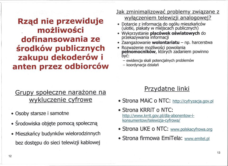 harcerstwa Rozważenie możliwości powołania pełnomocników, których zadaniem powinno byc: - ewidencja skali potencjalnych problemów - koordynacja działań Grupy społeczne narażone na wykluczenie cyfrowe