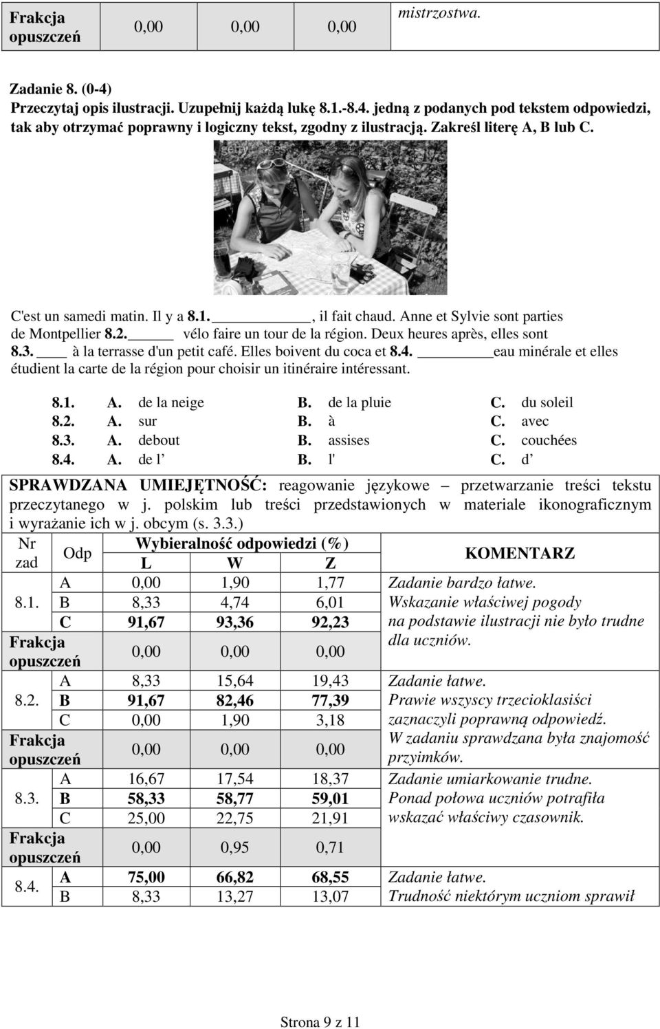 à la terrasse d'un petit café. Elles boivent du coca et 8.4. eau minérale et elles étudient la carte de la région pour choisir un itinéraire intéressant. 8.1. A. de la neige B. de la pluie C.