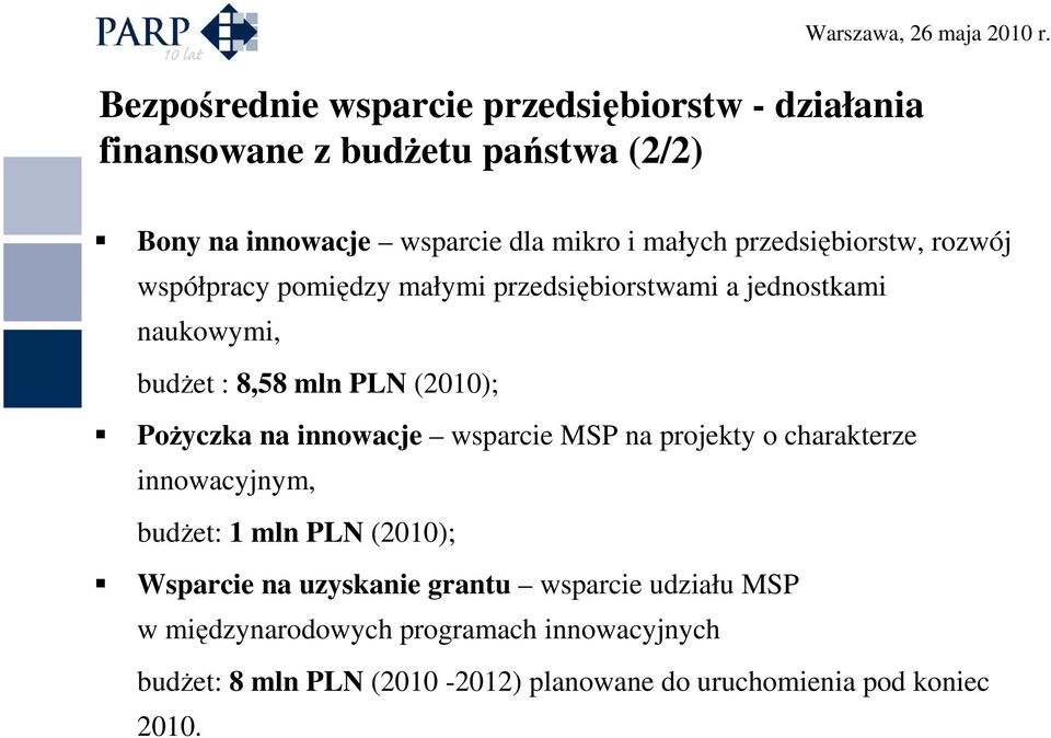 naukowymi, budŝet : 8,58 mln PLN (2010); PoŜyczka na innowacje wsparcie MSP na projekty o charakterze innowacyjnym, budŝet: 1 mln PLN