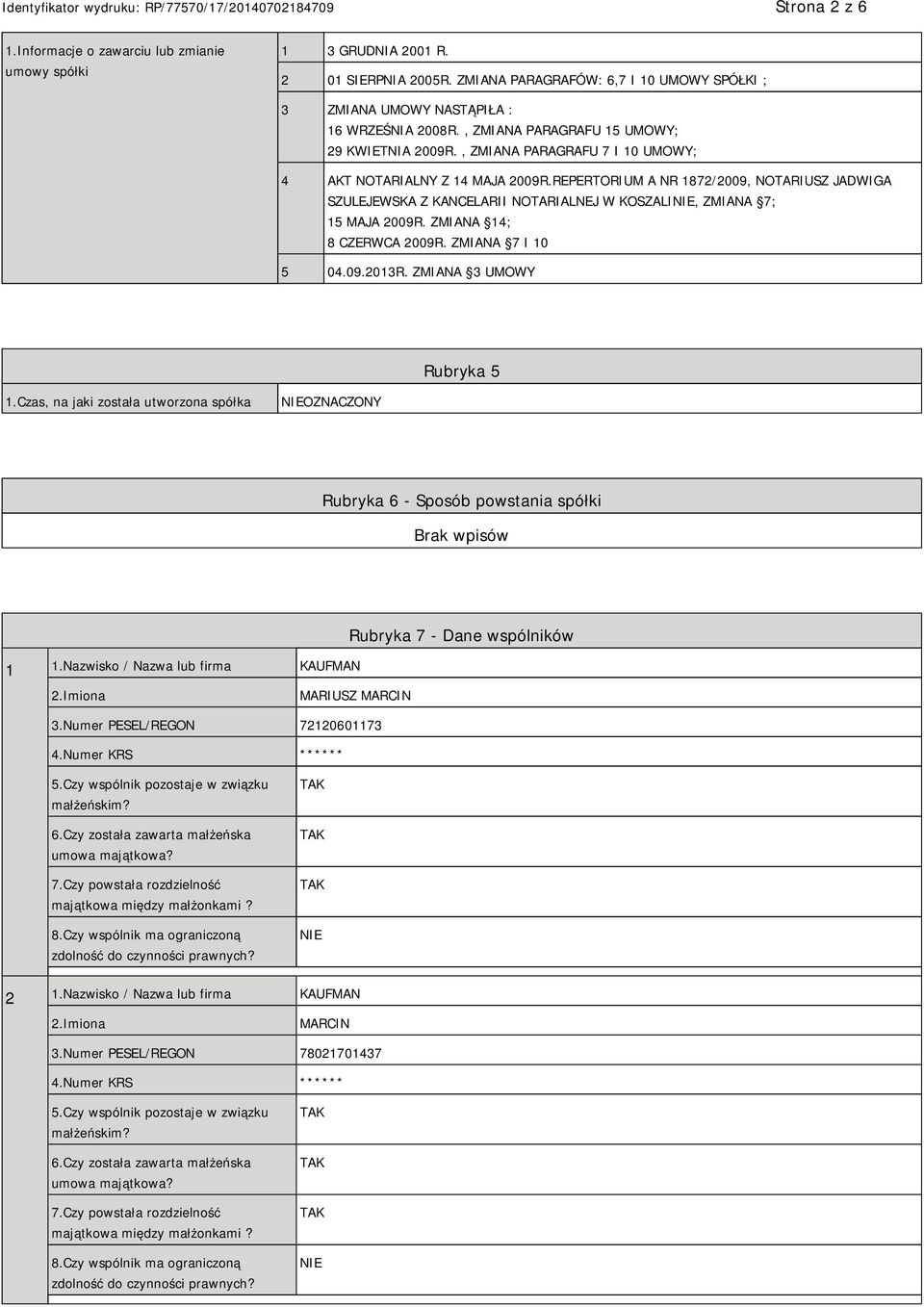 REPERTORIUM A NR 1872/2009, NOTARIUSZ JADWIGA SZULEJEWSKA Z KANCELARII NOTARIALNEJ W KOSZALINIE, ZMIANA 7; 15 MAJA 2009R. ZMIANA 14; 8 CZERWCA 2009R. ZMIANA 7 I 10 5 04.09.2013R.