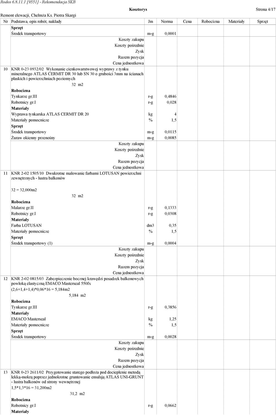 i r-g 0,028 Wyprawa tynkarska ATLAS CERMIT DR 20 kg 4 pomocnicze % 1,5 Środek transportowy m-g 0,0115 śuraw okienny przenośny m-g 0,0085 11 KNR 2-02 1505/10 Dwukrotne malowanie farbami LOTUSAN