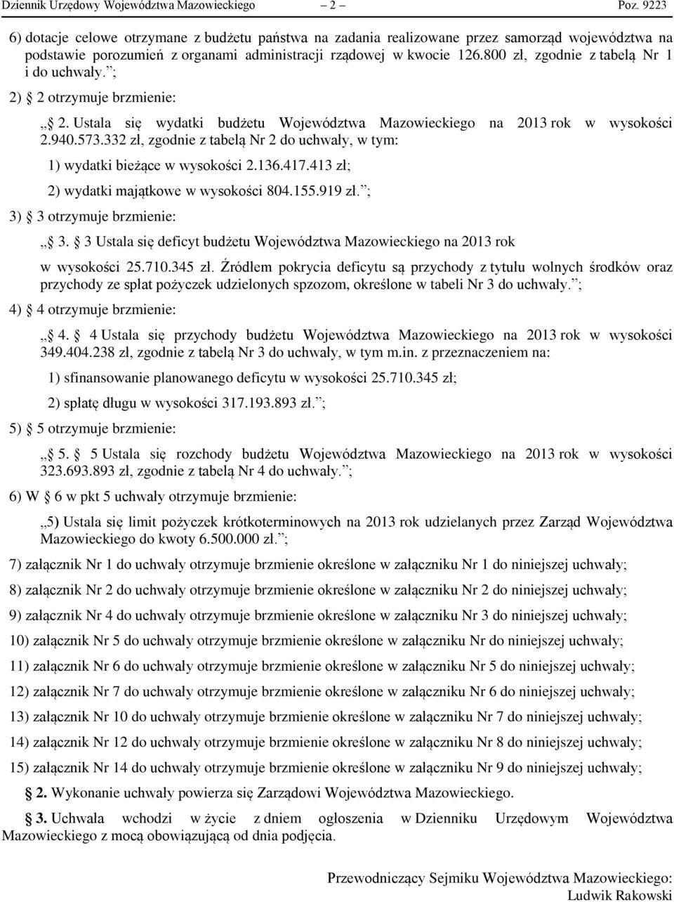 800 zł, zgodnie z tabelą Nr 1 i do uchwały. ; 2) 2 otrzymuje brzmienie: 2. Ustala się wydatki budżetu Województwa Mazowieckiego na 2013 rok w wysokości 2.940.573.