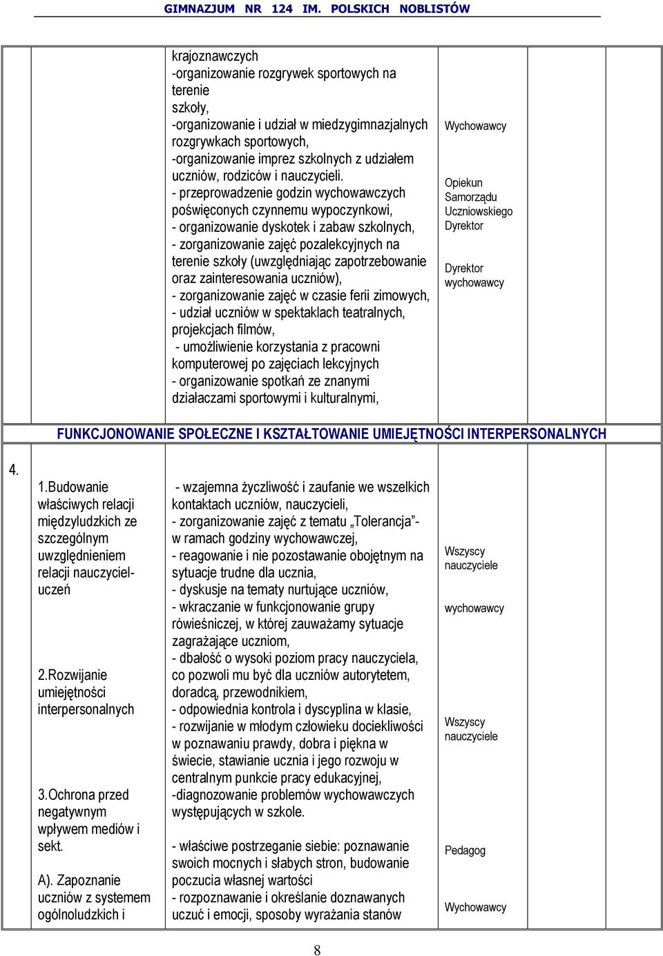 - przeprowadzenie godzin wychowawczych poświęconych czynnemu wypoczynkowi, - organizowanie dyskotek i zabaw szkolnych, - zorganizowanie zajęć pozalekcyjnych na terenie szkoły (uwzględniając