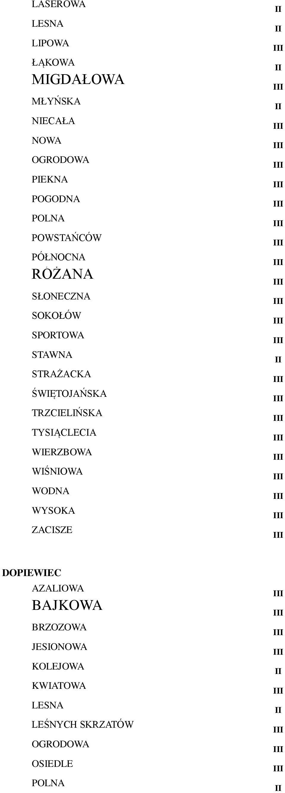 TRZCIELIŃSKA TYSIĄCLECIA WIERZBOWA WIŚNIOWA WODNA WYSOKA ZACISZE DOPIEWIEC