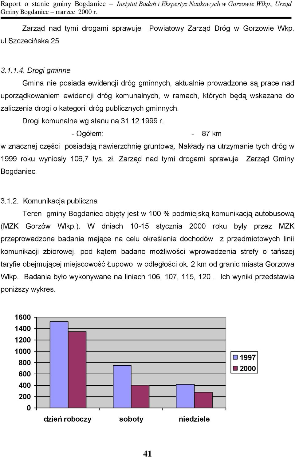 dróg publicznych gminnych. Drogi komunalne wg stanu na 31.12.1999 r. - Ogółem: - 87 km w znacznej części posiadają nawierzchnię gruntową.