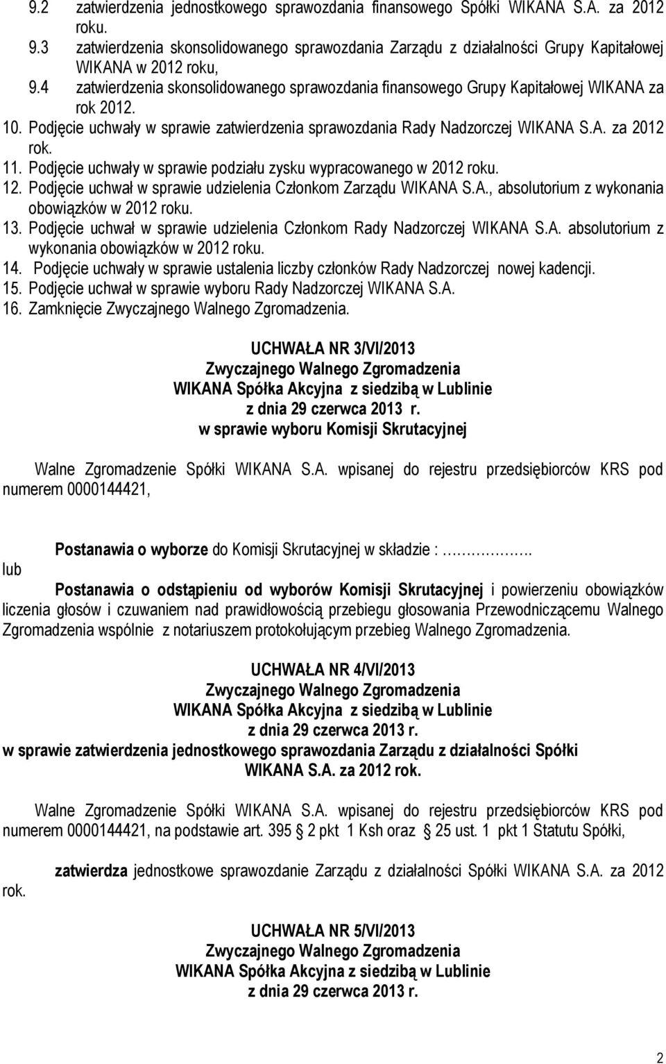 4 zatwierdzenia skonsolidowanego sprawozdania finansowego Grupy Kapitałowej WIKANA za rok 2012. 10. Podjęcie uchwały w sprawie zatwierdzenia sprawozdania Rady Nadzorczej WIKANA S.A. za 2012 rok. 11.