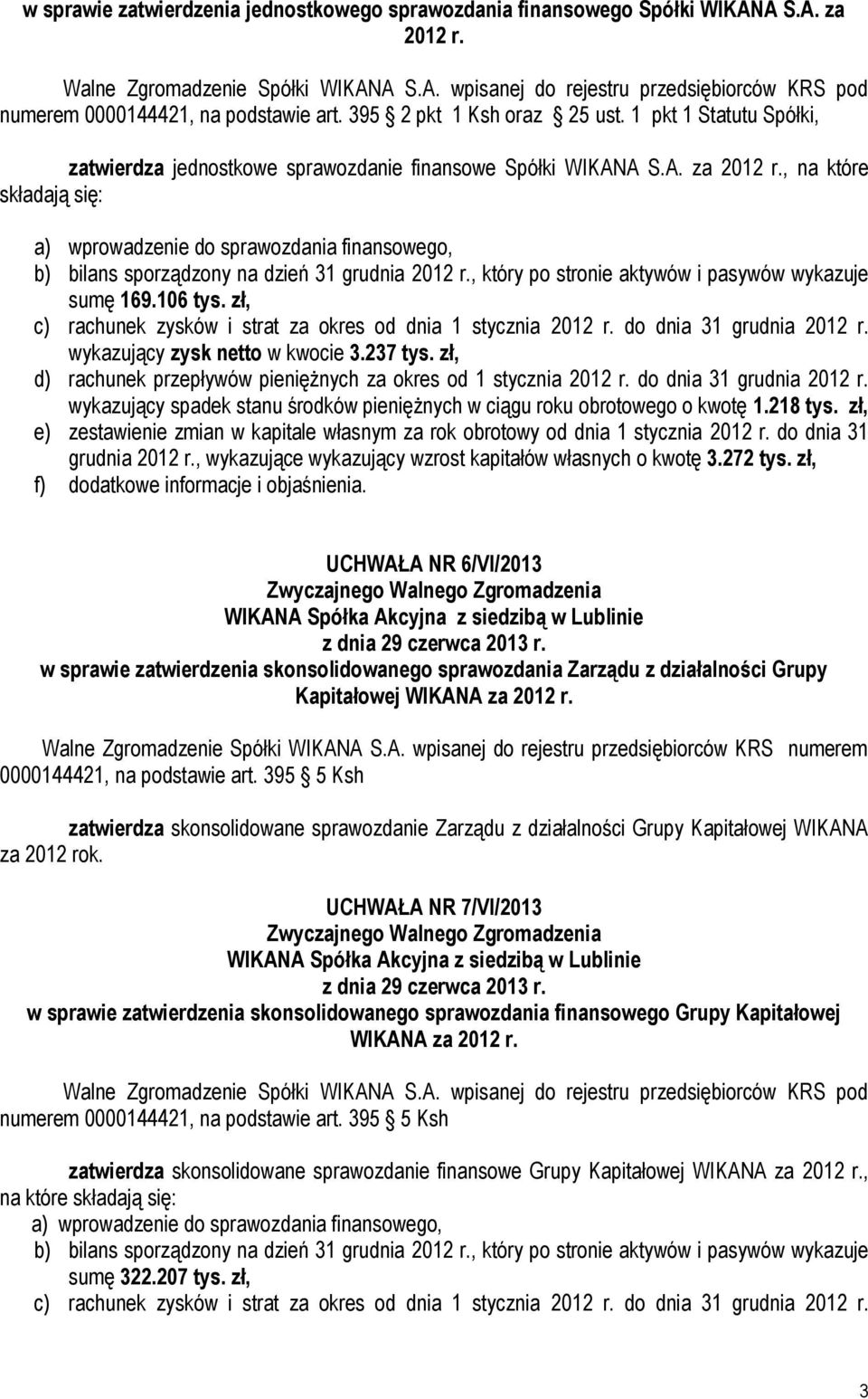 , na które składają się: a) wprowadzenie do sprawozdania finansowego, b) bilans sporządzony na dzień 31 grudnia 2012 r., który po stronie aktywów i pasywów wykazuje sumę 169.106 tys.