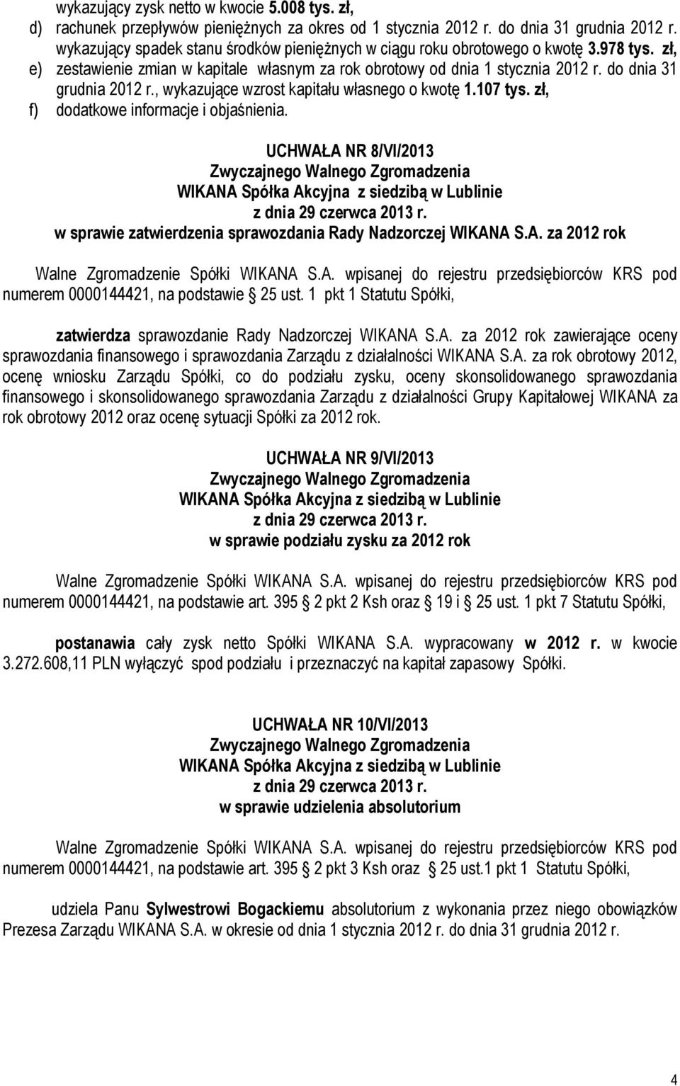 , wykazujące wzrost kapitału własnego o kwotę 1.107 tys. zł, f) dodatkowe informacje i objaśnienia. UCHWAŁA NR 8/VI/2013 w sprawie zatwierdzenia sprawozdania Rady Nadzorczej WIKANA S.A. za 2012 rok numerem 0000144421, na podstawie 25 ust.