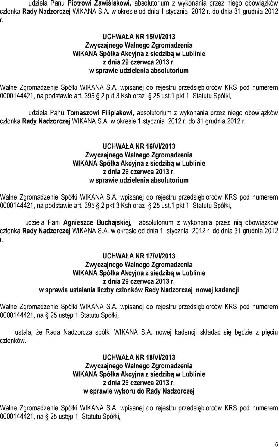 UCHWAŁA NR 16/VI/2013 udziela Pani Agnieszce Buchajskiej, absolutorium z wykonania przez nią obowiązków członka Rady Nadzorczej WIKANA S.A. w okresie od dnia 1 stycznia 2012 r.