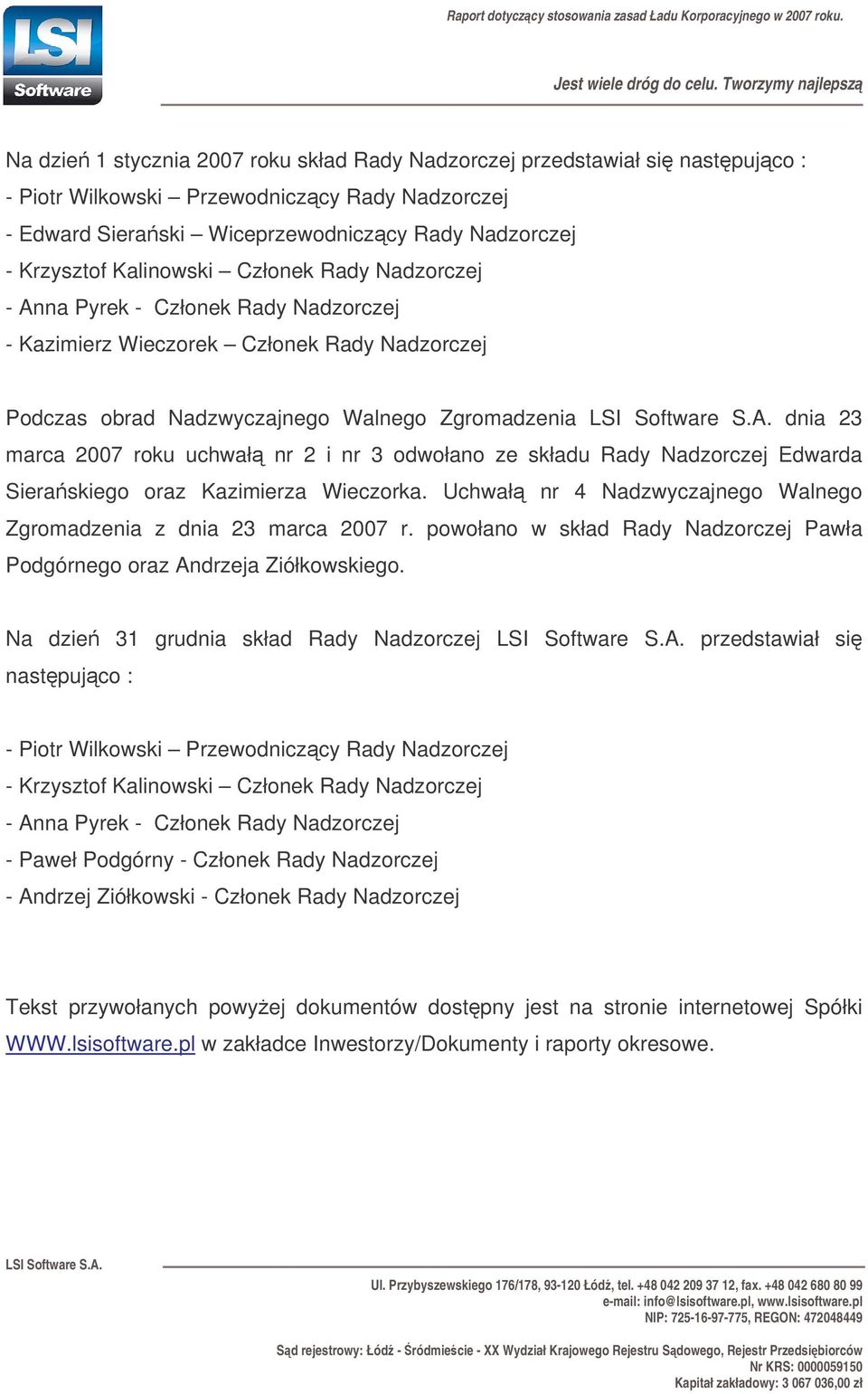 uchwał nr 2 i nr 3 odwołano ze składu Rady Nadzorczej Edwarda Sieraskiego oraz Kazimierza Wieczorka. Uchwał nr 4 Nadzwyczajnego Walnego Zgromadzenia z dnia 23 marca 2007 r.