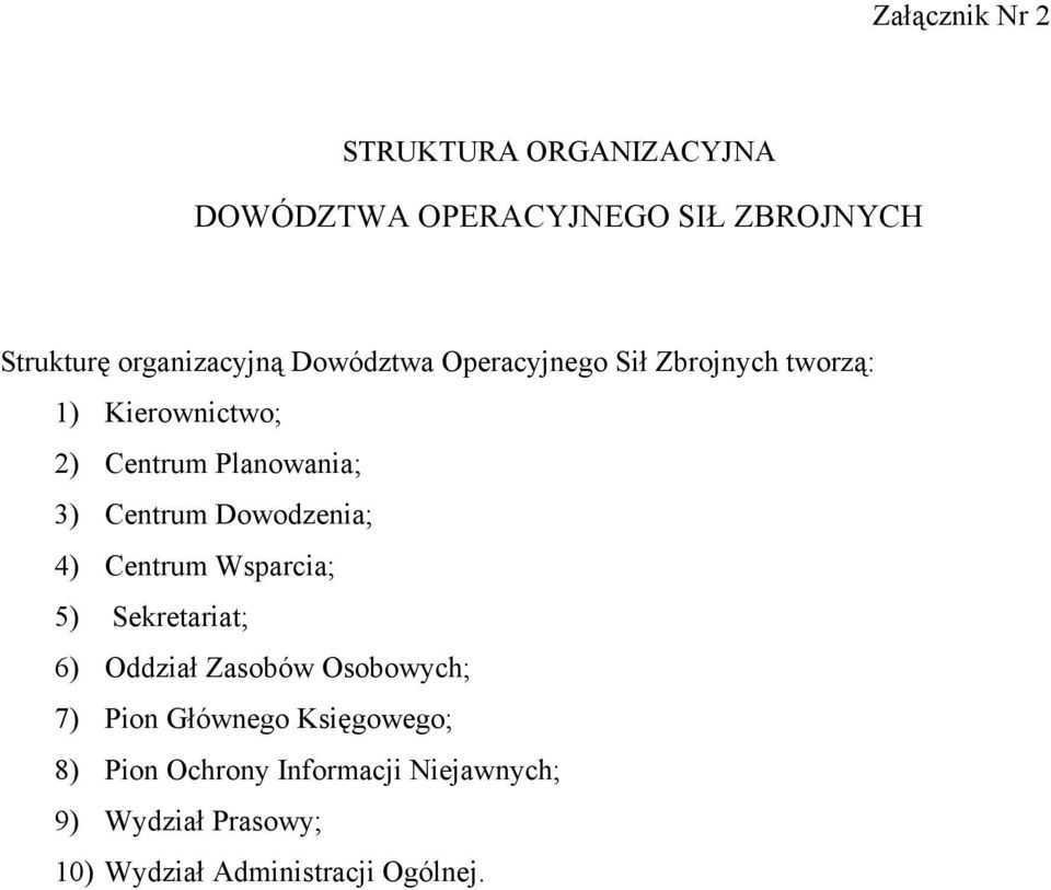 Dowodzenia; 4) Centrum Wsparcia; 5) Sekretariat; 6) Oddział Zasobów Osobowych; 7) Pion Głównego