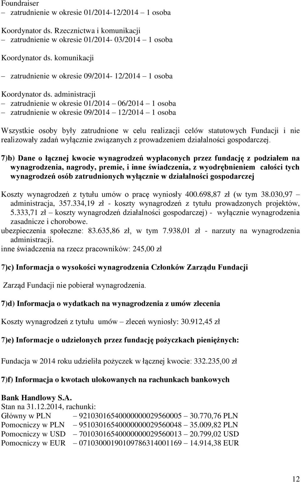 administracji zatrudnienie w okresie 01/2014 06/2014 1 osoba zatrudnienie w okresie 09/2014 12/2014 1 osoba Wszystkie osoby były zatrudnione w celu realizacji celów statutowych Fundacji i nie