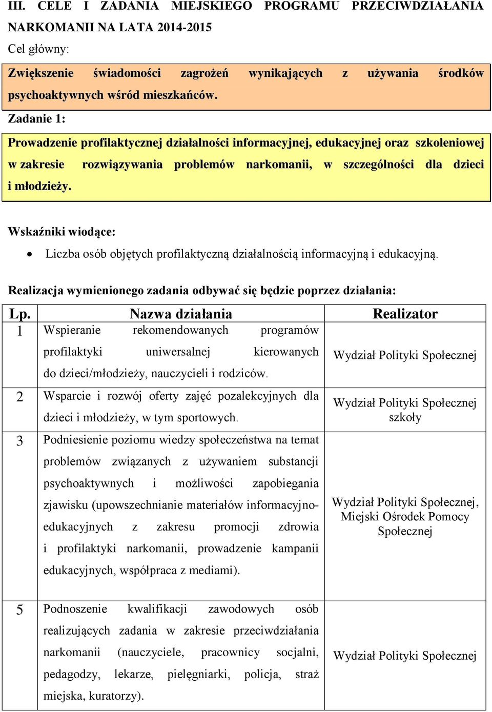 Wskaźniki wiodące: Liczba osób objętych profilaktyczną działalnością informacyjną i edukacyjną. Realizacja wymienionego zadania odbywać się będzie poprzez działania: Lp.