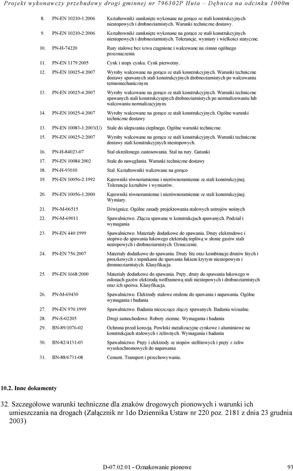 PN-EN 1179:2005 Cynk i stopy cynku. Cynk pierwotny. 12. PN-EN 10025-4:2007 Wyroby walcowane na gorąco ze stali konstrukcyjnych.