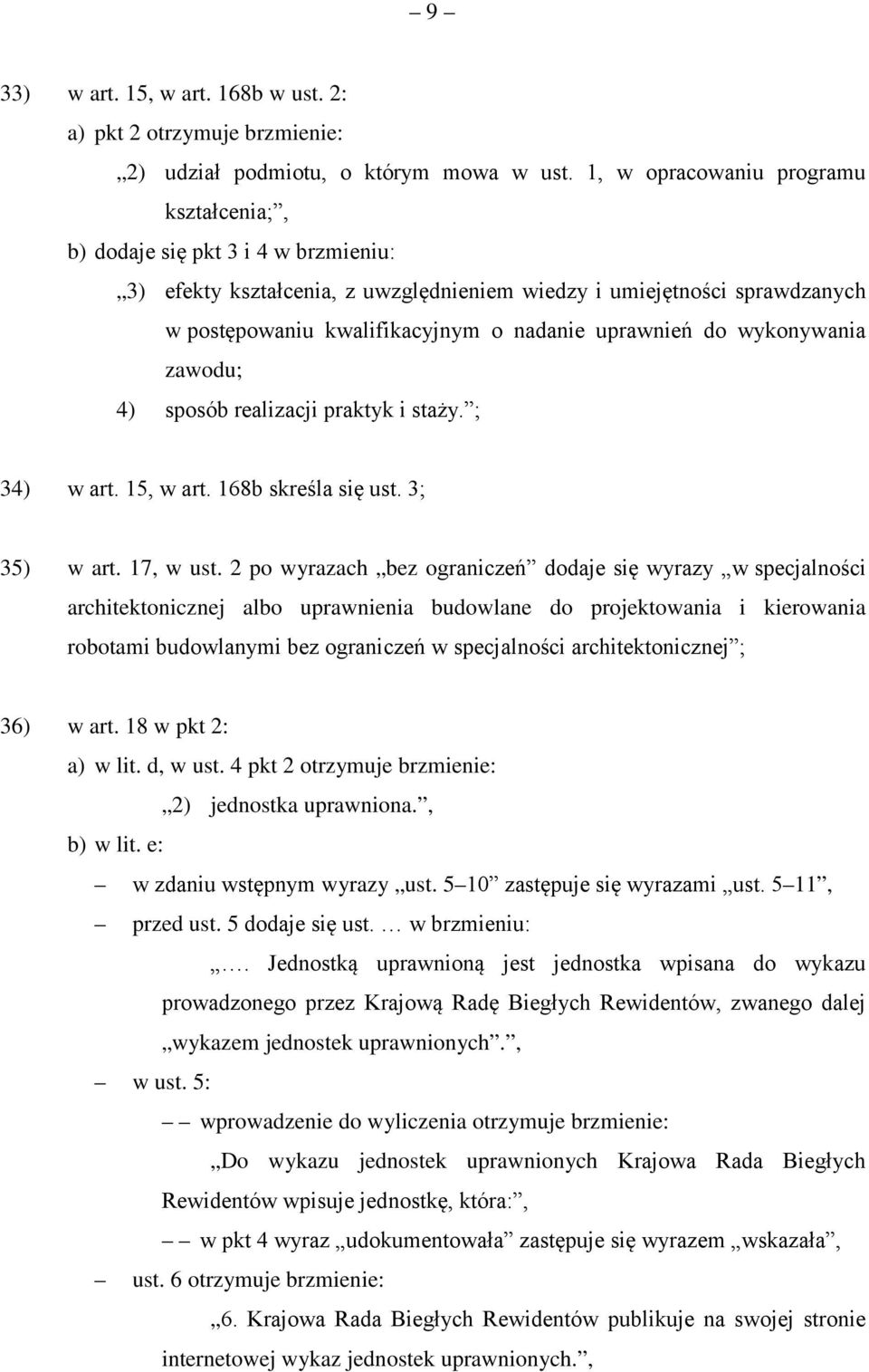 uprawnień do wykonywania zawodu; 4) sposób realizacji praktyk i staży. ; 34) w art. 15, w art. 168b skreśla się ust. 3; 35) w art. 17, w ust.