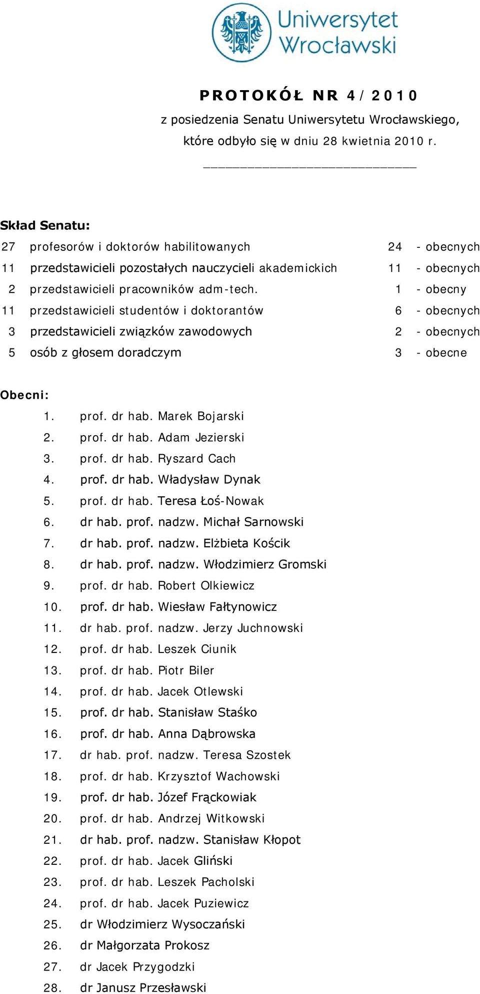 1 - obecny 11 przedstawicieli studentów i doktorantów 6 - obecnych 3 przedstawicieli związków zawodowych 2 - obecnych 5 osób z głosem doradczym 3 - obecne Obecni: 1. prof. dr hab. Marek Bojarski 2.