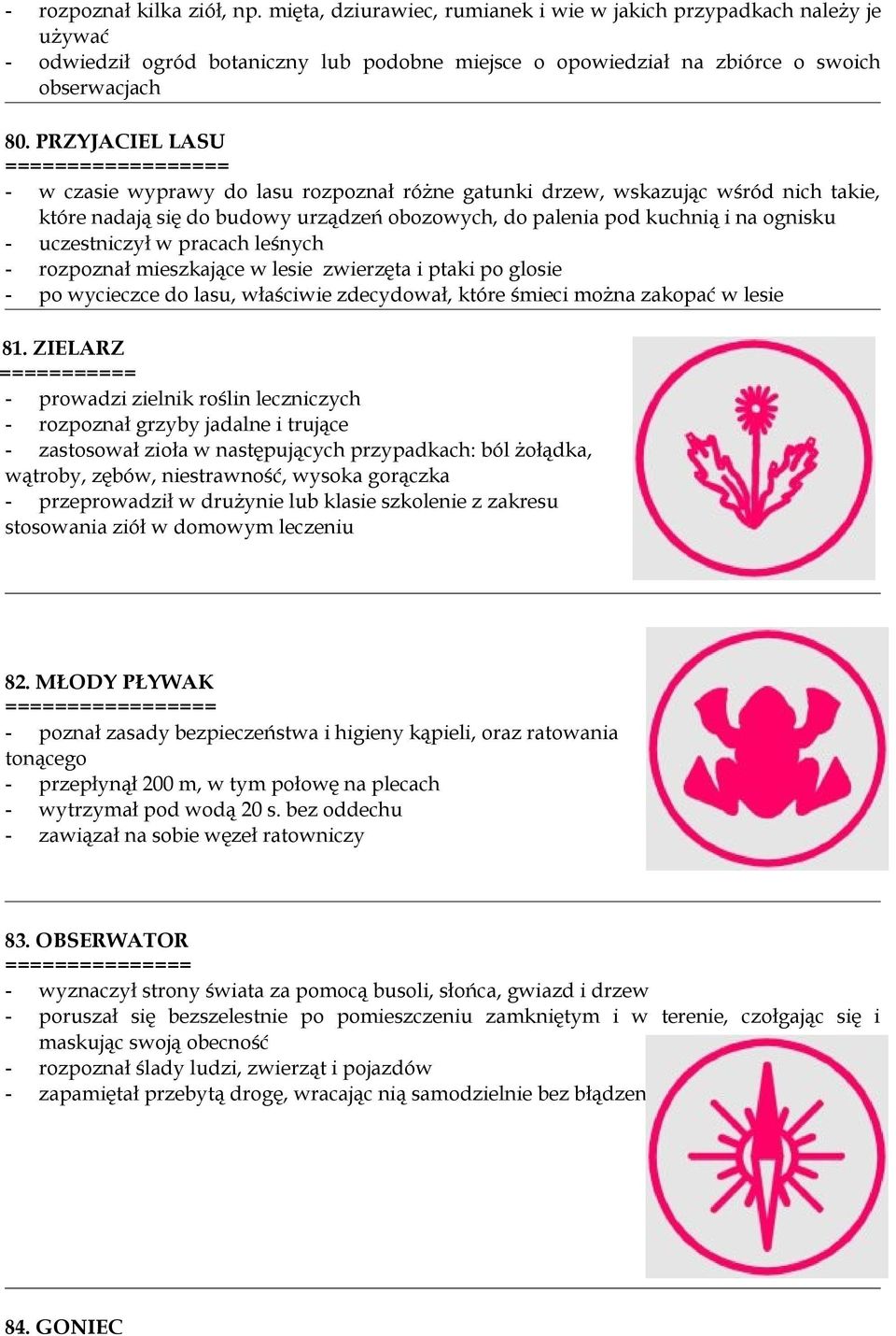 ognisku - uczestniczył w pracach leśnych - rozpoznał mieszkające w lesie zwierzęta i ptaki po glosie - po wycieczce do lasu, właściwie zdecydował, które śmieci można zakopać w lesie 81.