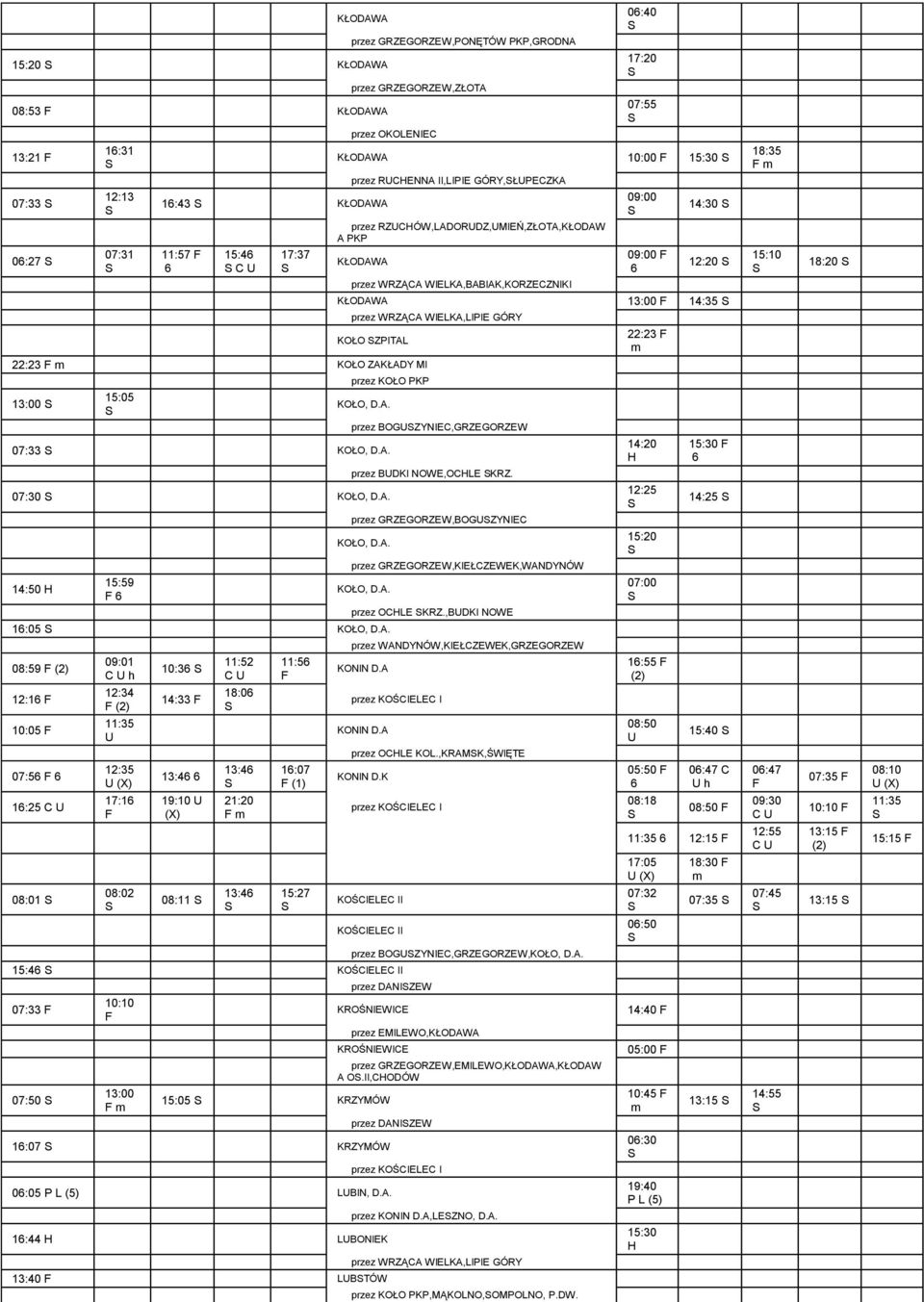 WRZĄCA WIELKA,LIPIE GÓRY KOŁO ZPITAL 22:23 22:23 KOŁO ZAKŁADY MI przez KOŁO PKP 13:00 15:05 przez BOGZYNIEC,GRZEGORZEW 07:33 14:20 15:30 przez BDKI NOWE,OCLE KRZ.