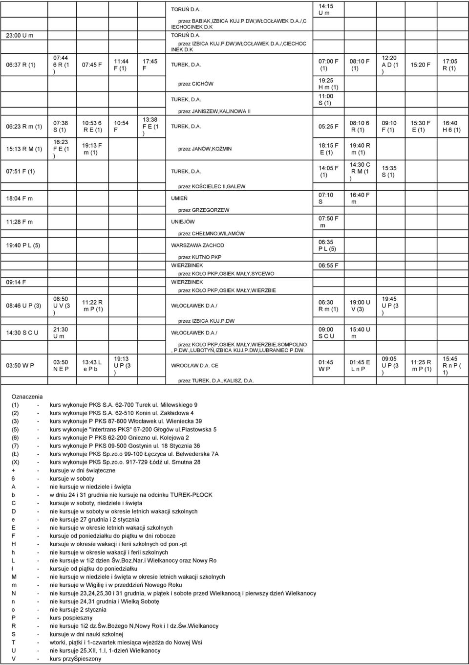 A. 18:04 MIEŃ 11:28 NIEJÓW przez JANÓW,KOŹMIN I,GALEW przez GRZEGORZEW przez CEŁMNO,WILAMÓW 19:40 P L (5 WARZAWA ZACOD przez KTNO PKP WIERZBINEK przez KOŁO PKP,OIEK MAŁY,YCEWO 07:00 (1 19:25 (1 11:00