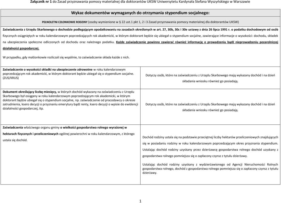 1 pkt 1, 2 i 3 Zasad przyznawania pomocy materialnej dla doktorantów UKSW) Zaświadczenia z Urzędu Skarbowego o dochodzie podlegającym opodatkowaniu na zasadach określonych w art.