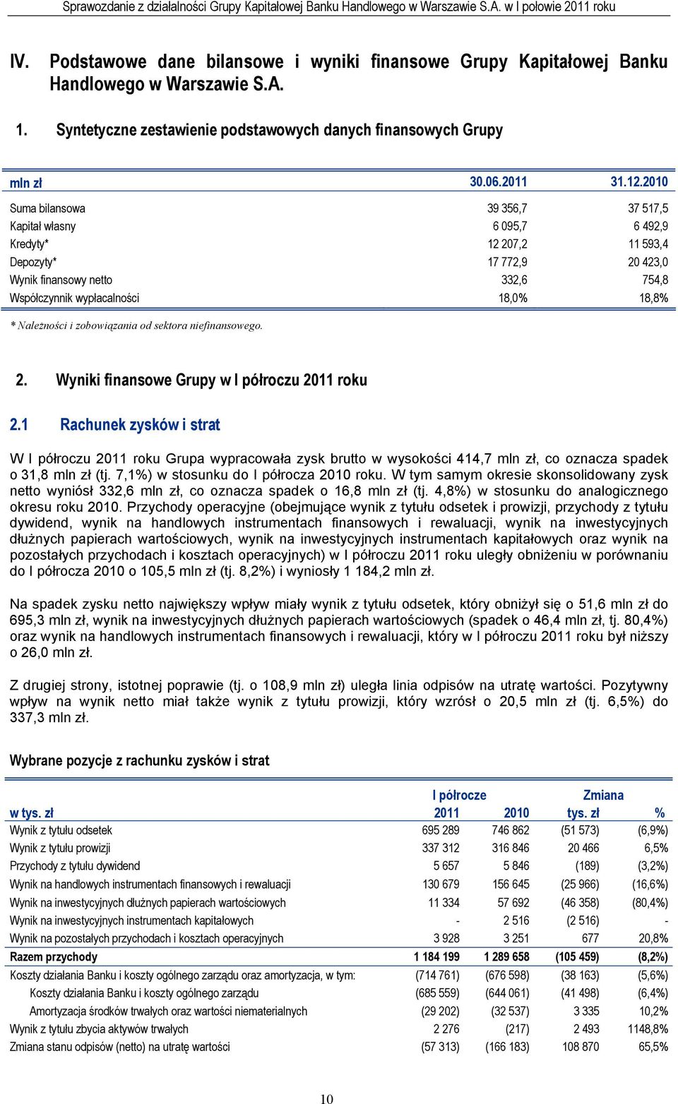 Należności i zobowiązania od sektora niefinansowego. 2. Wyniki finansowe Grupy w I półroczu 2011 roku 2.