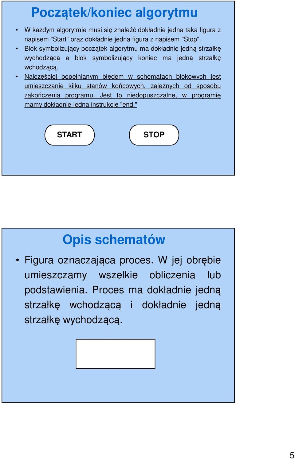 Najczęściej popełnianym błędem w schematach blokowych jest umieszczanie kilku stanów końcowych, zależnych od sposobu zakończenia programu.