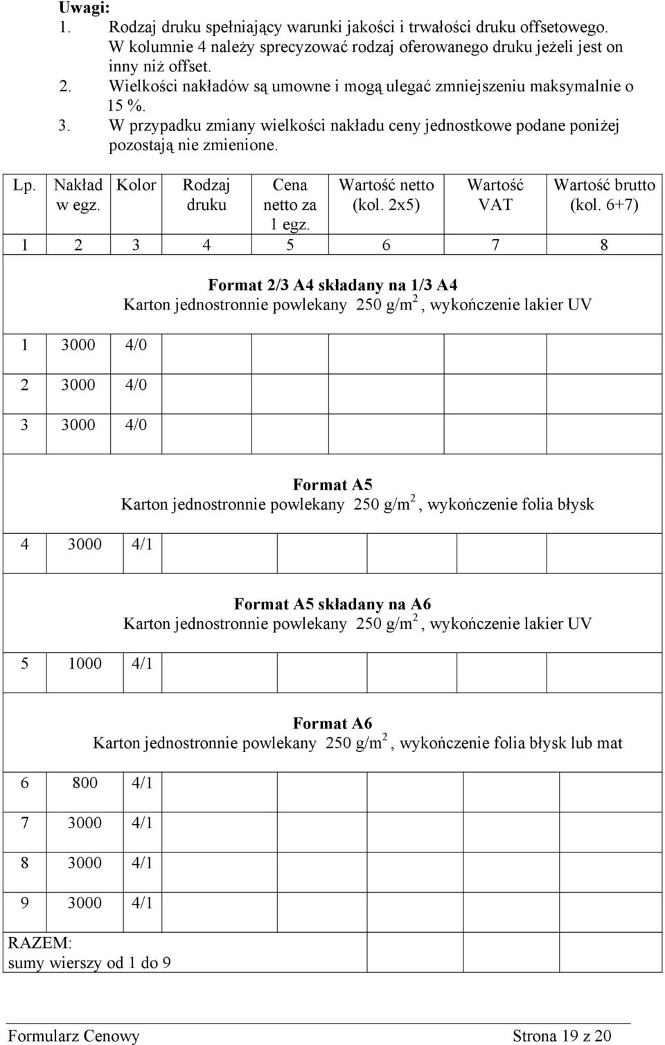 Kolor Rodzaj druku Cena netto za 1 egz. netto (kol. 2x5) VAT brutto (kol.