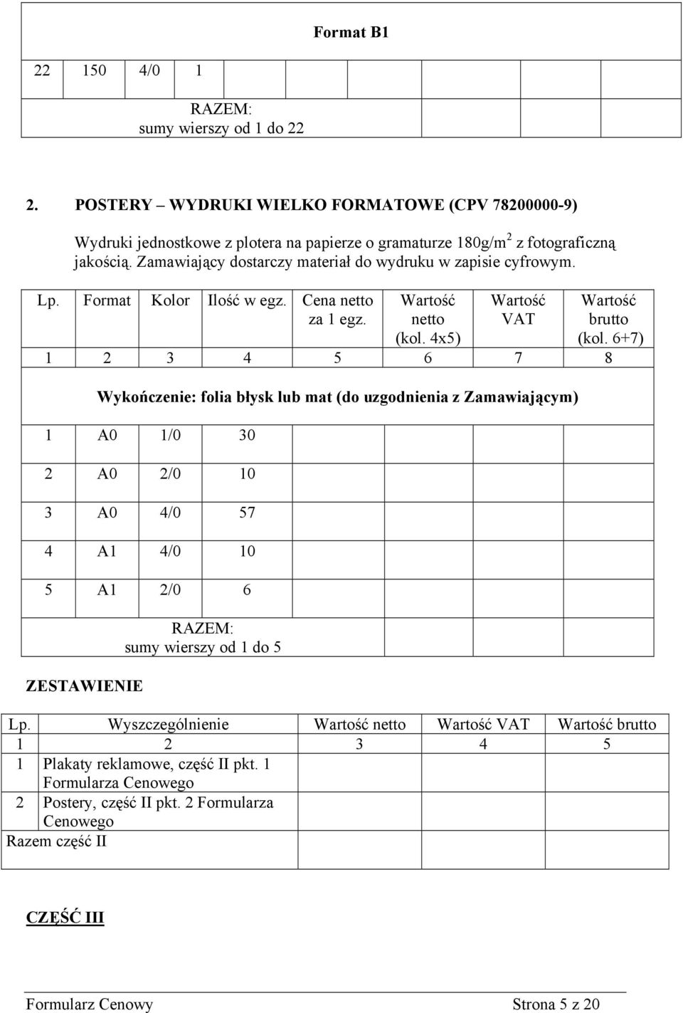 Zamawiający dostarczy materiał do wydruku w zapisie cyfrowym. Lp. Format Kolor Ilość w egz. Cena netto za 1 egz. netto (kol. 4x5) VAT brutto (kol.