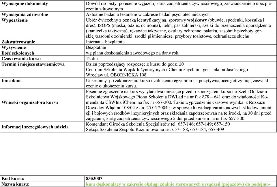 taktyczna), rękawice taktyczne, okulary ochronne, pałatka, zasobnik piechoty górskiej/zasobnik żołnierski, środki piśmiennicze, przybory toaletowe, ochraniacze słuchu.