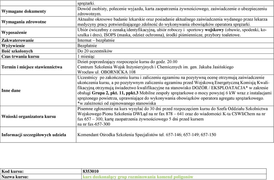 Ubiór ćwiczebny z oznaką identyfikacyjną, ubiór roboczy i sportowy wojskowy (obuwie, spodenki, koszulka i dres), ISOPS (maska, odzież ochronna), środki piśmiennicze, przybory toaletowe.