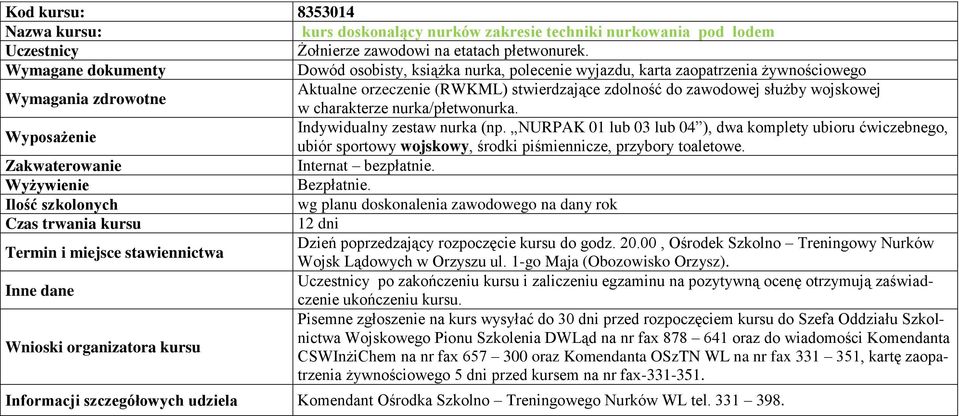 Indywidualny zestaw nurka (np. NURPAK 01 lub 03 lub 04 ), dwa komplety ubioru ćwiczebnego, ubiór sportowy wojskowy, środki piśmiennicze, przybory toaletowe.
