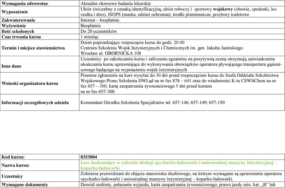 Jakuba Jasińskiego po zakończeniu kursu i zaliczeniu egzaminu na pozytywną ocenę otrzymują zaświadczenie ukończenia kursu uprawniające do wykonywania obowiązków operatora pływającego transportera