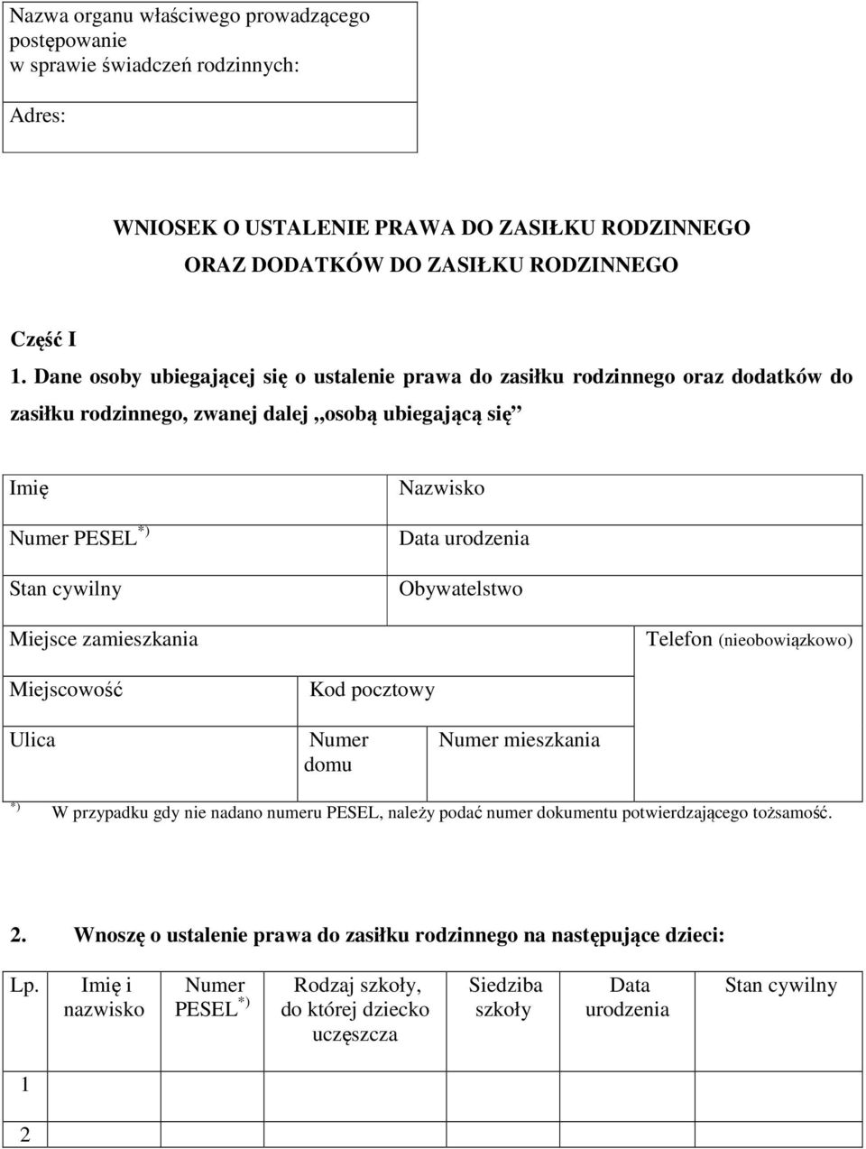 Obywatelstwo Miejsce zamieszkania Telefon (nieobowiązkowo) Miejscowość Ulica Kod pocztowy Numer domu Numer mieszkania W przypadku gdy nie nadano numeru PESEL, należy podać numer dokumentu