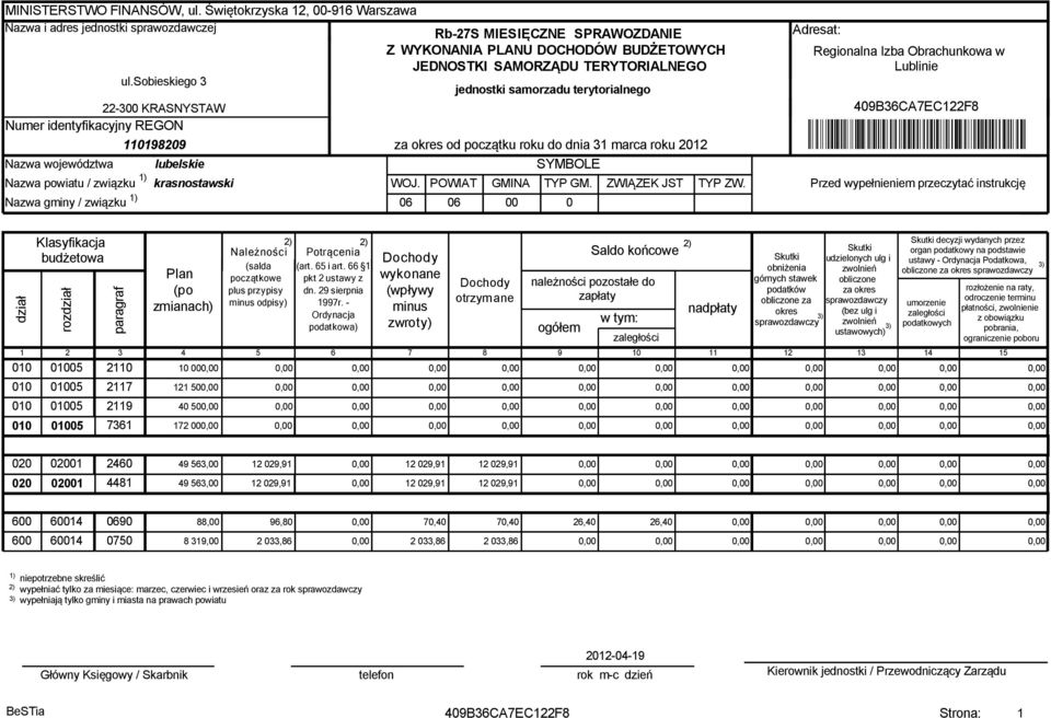 sobieskiego 3 jednostki samorzadu terytorialnego 22-300 KRASNYSTAW Numer identyfikacyjny REGON 110198209 Nazwa województwa lubelskie Nazwa powiatu / związku krasnostawski Nazwa gminy / związku za