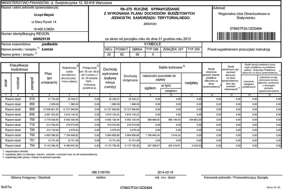 stary Rynek 14 zbiorczo 18-400 ŁOMŻA Numer identyfikacyjny REGON 000525139 Nazwa województwa podlaskie Nazwa powiatu / związku Łomża Nazwa gminy / związku za okres od początku roku do dnia 31 grudnia