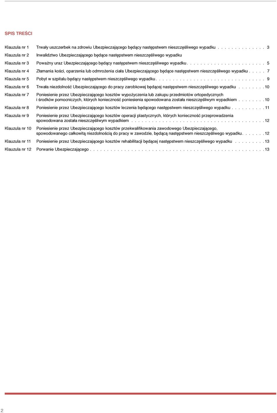 ...................... 5 Klauzula nr 4 Złamania kości, oparzenia lub odmrożenia ciała Ubezpieczającego będące następstwem nieszczęśliwego wypadku.