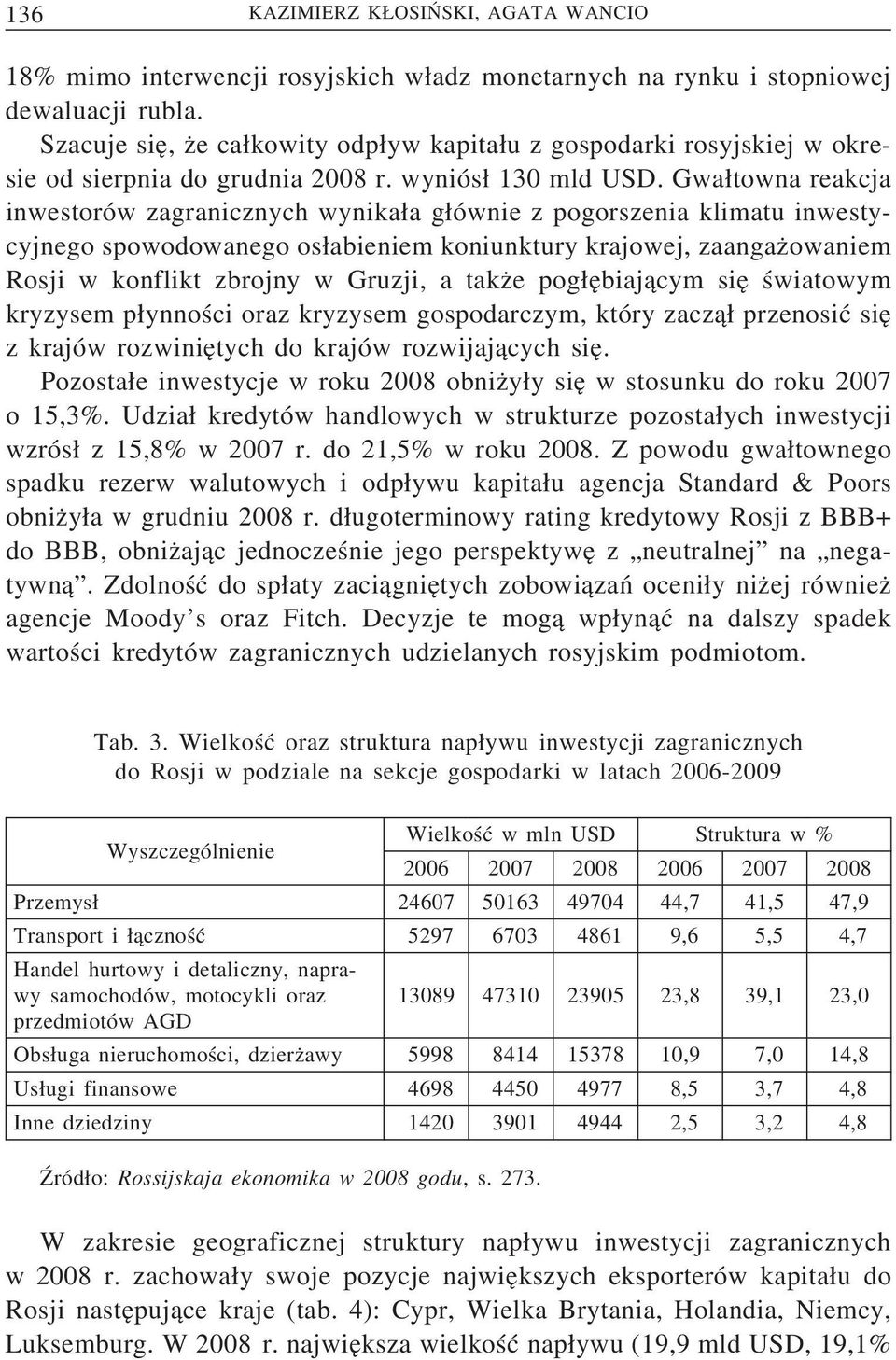 Gwa towna reakcja inwestorów zagranicznych wynika a g ównie z pogorszenia klimatu inwestycyjnego spowodowanego os abieniem koniunktury krajowej, zaangaz owaniem Rosji w konflikt zbrojny w Gruzji, a